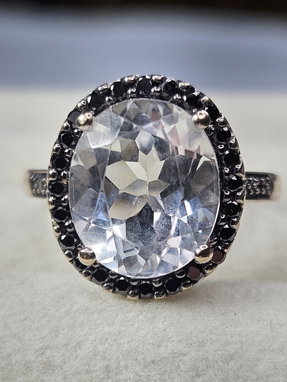 Antique 14K White Gold 5-6ct Sapphire & Black Diamond Cluster Ring, Circa 1900